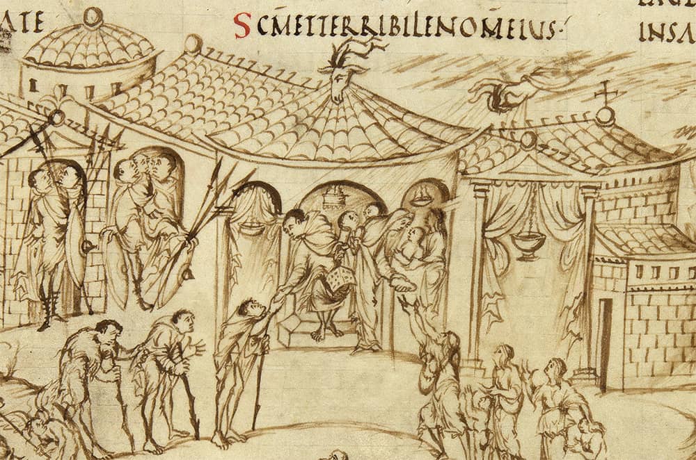 Manuscript illustration shows rich man and his wife distributing food to the poor.