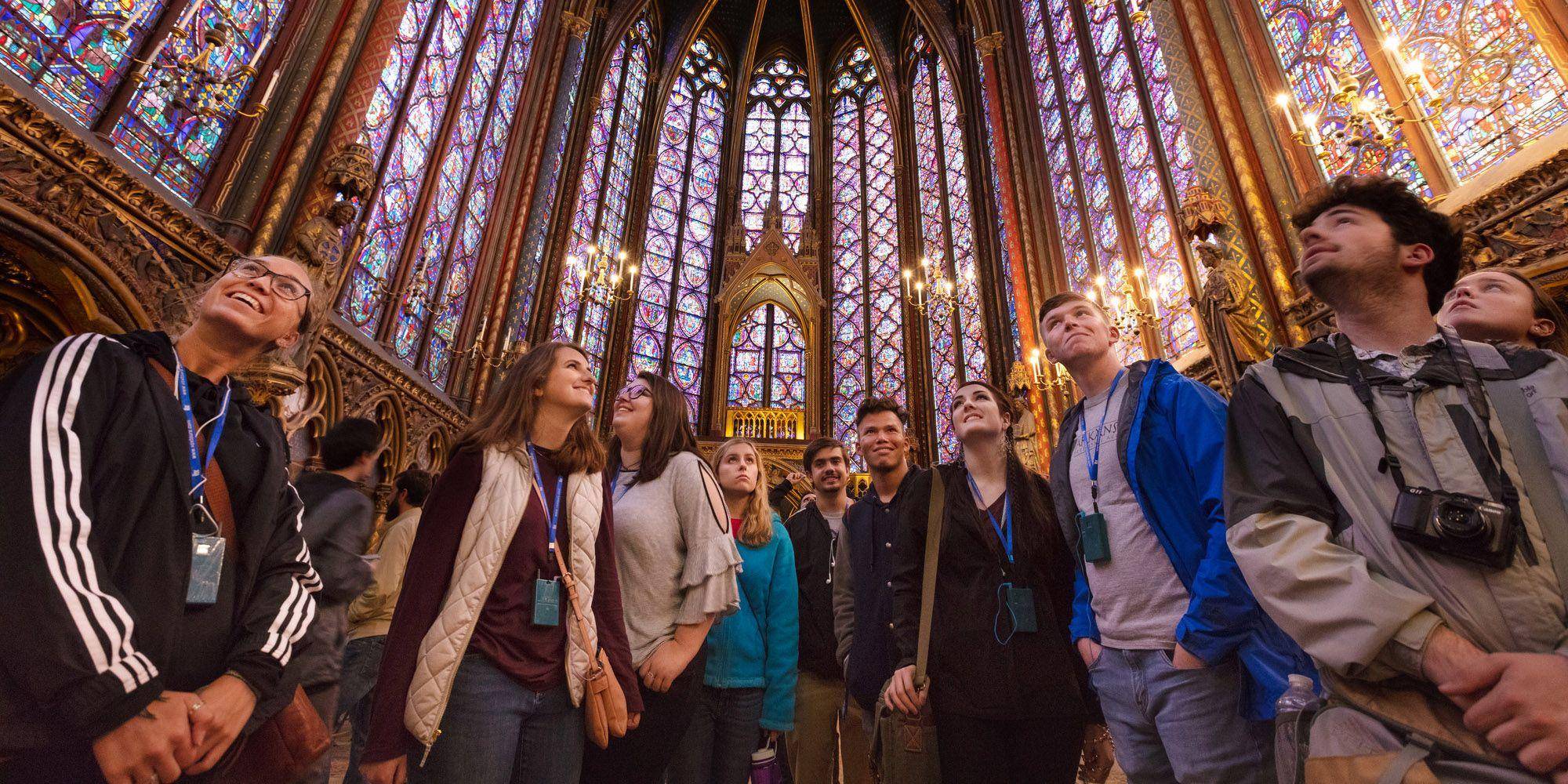 (L-R) Dani Carson, Amelia Holcomb, Susan Tucker, Olivia Overton, Jacob Honeycutt, Jean Morales, Michaela Boothby, Jacob Purifoy, Sam Lipson and Maddie Whipple experience Louis IX's private chapel, Sainte-Chapelle in Paris. PrevNext