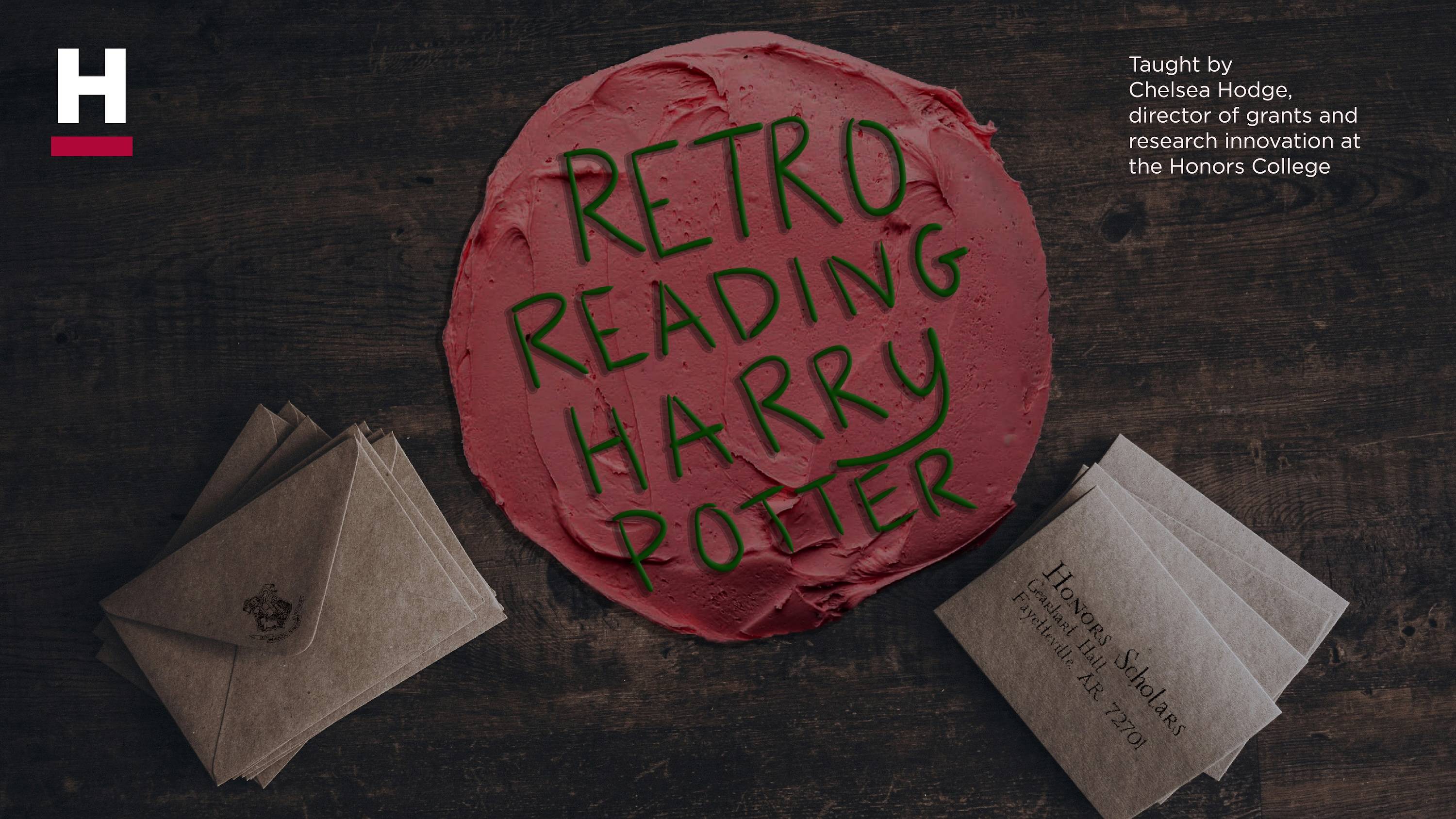 Pink cake that reads, "Retro Reading Harry Potter"