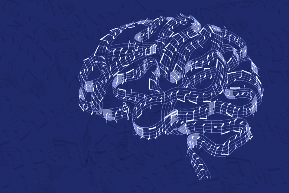 outline of brain made by music staff on dark blue background