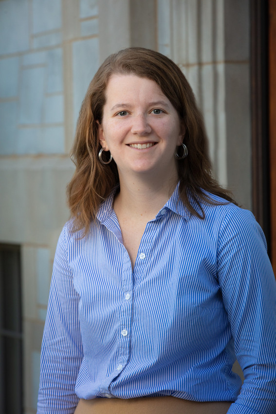 Portrait of woman in blue shirt