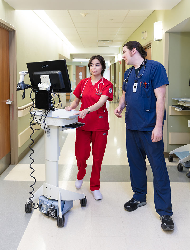 nursing student and supervisor look at computer screen