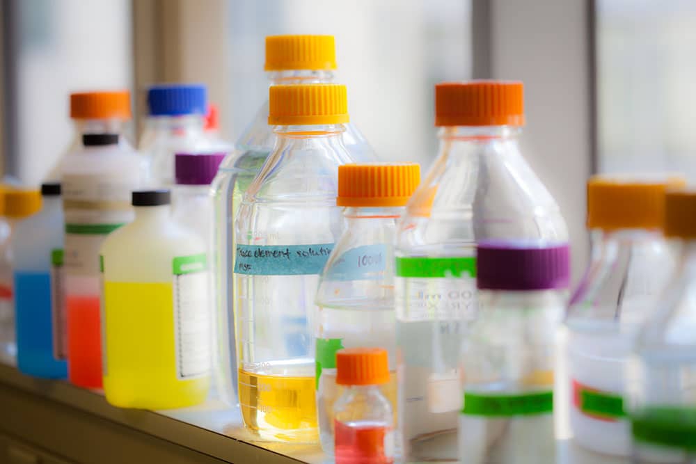 Bottles of solution on a shelf