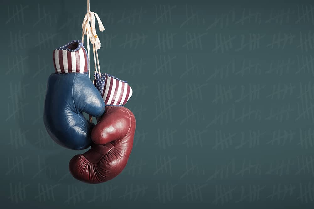 A pair of red, white, and blue boxing gloves