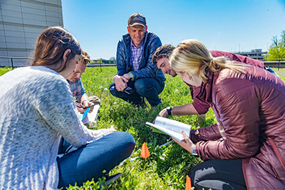 Professor and students confer atop a green roof