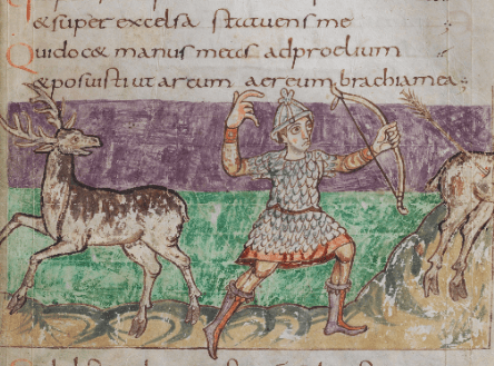 Manuscript image shows king hunting with bow and arrow