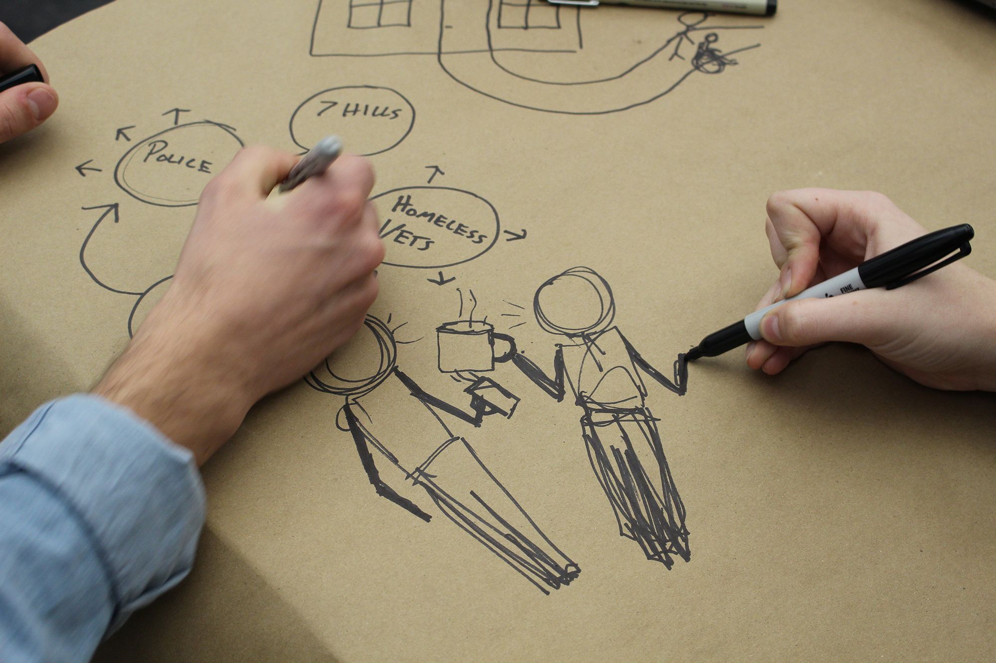 hands draw stick figures with sharpies