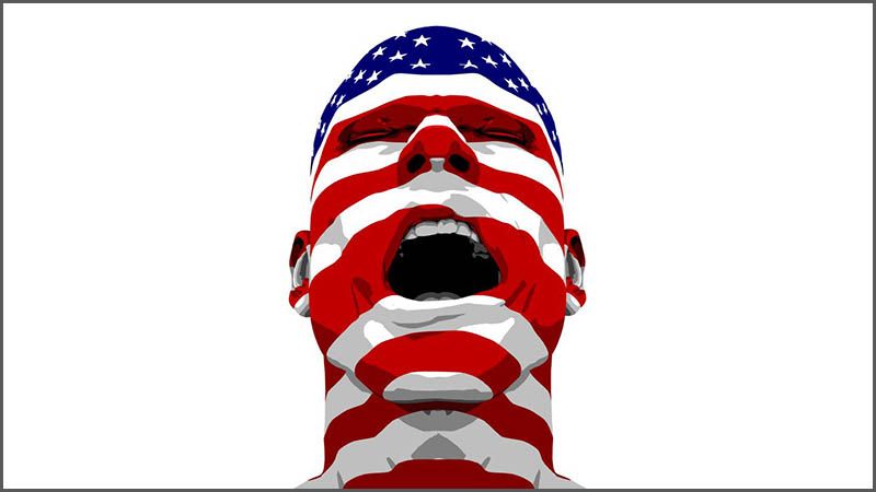 Shouting head swathed in US flag