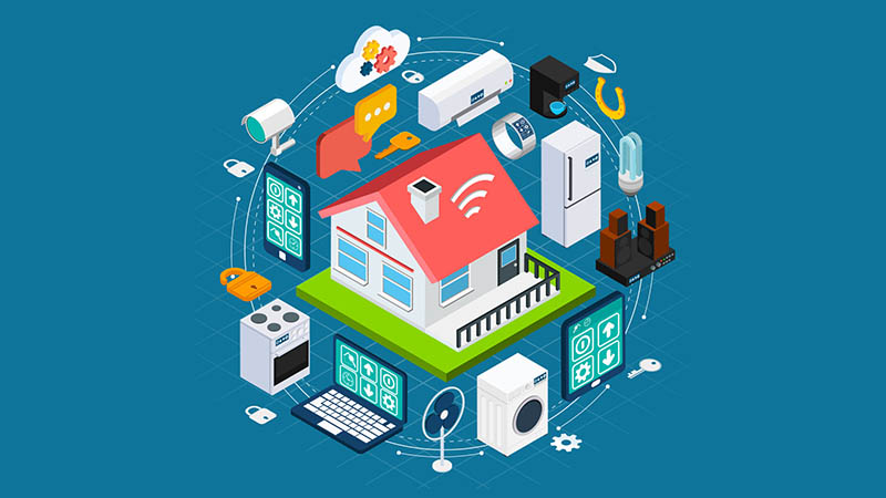 graphic of house surrounded by electronic devices