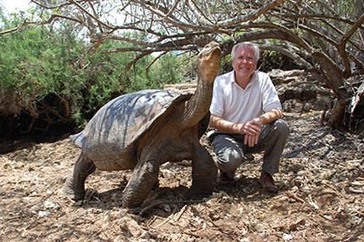 man squatting beside giant turtle