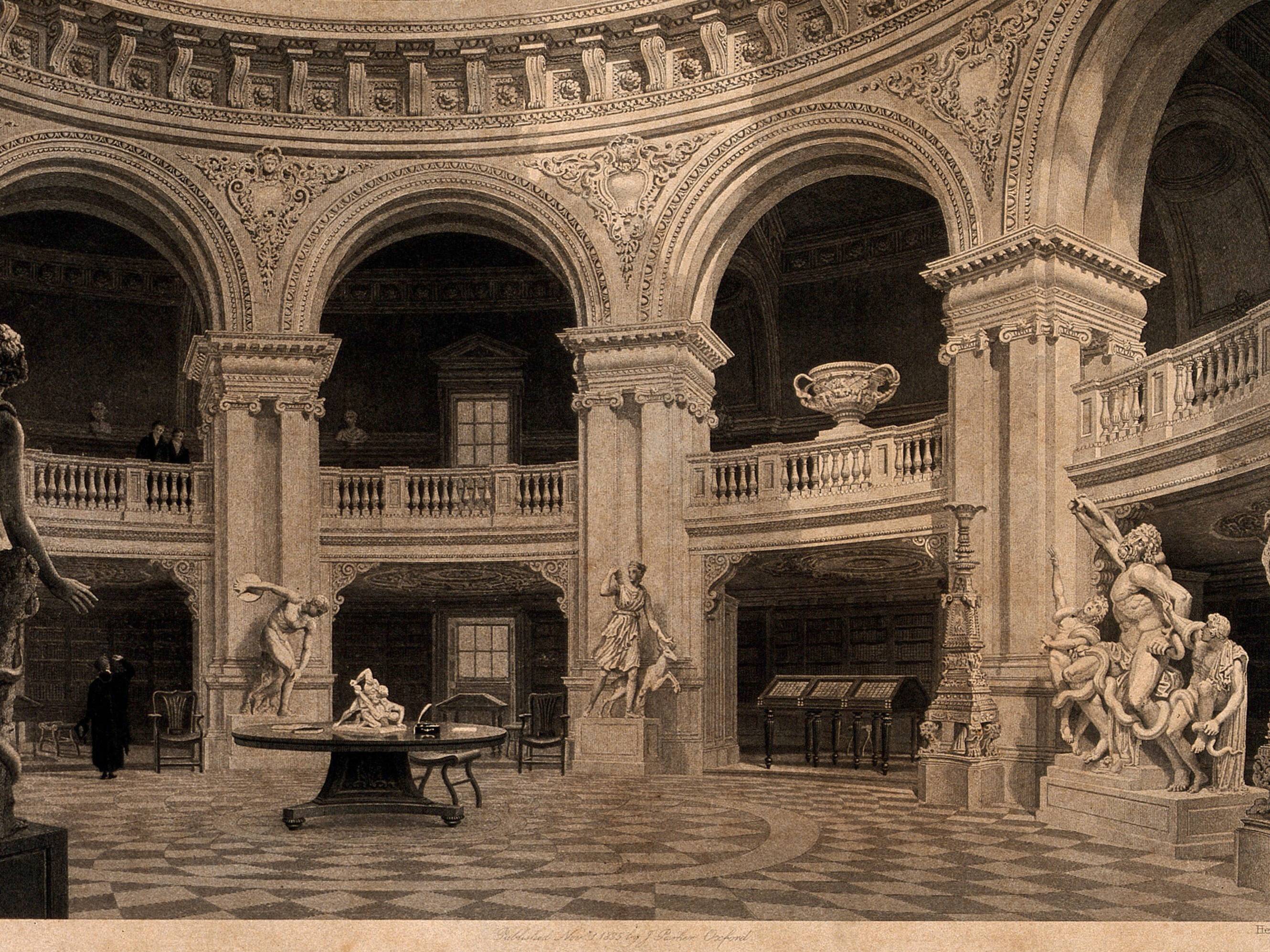 Radcliffe Camera, Oxford: interior showing classical scupltures and study areas. Line engraving by H. Le Keux, 1835, after F. Mackenzie.